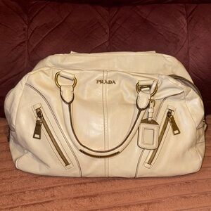 PRADA Hand Bag Leather Off White Gold Auth pre owned